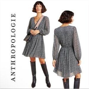 Anthro Maeve Black White Leopard Carolyn Mini V Neck Dress Blouson Sleeves XS